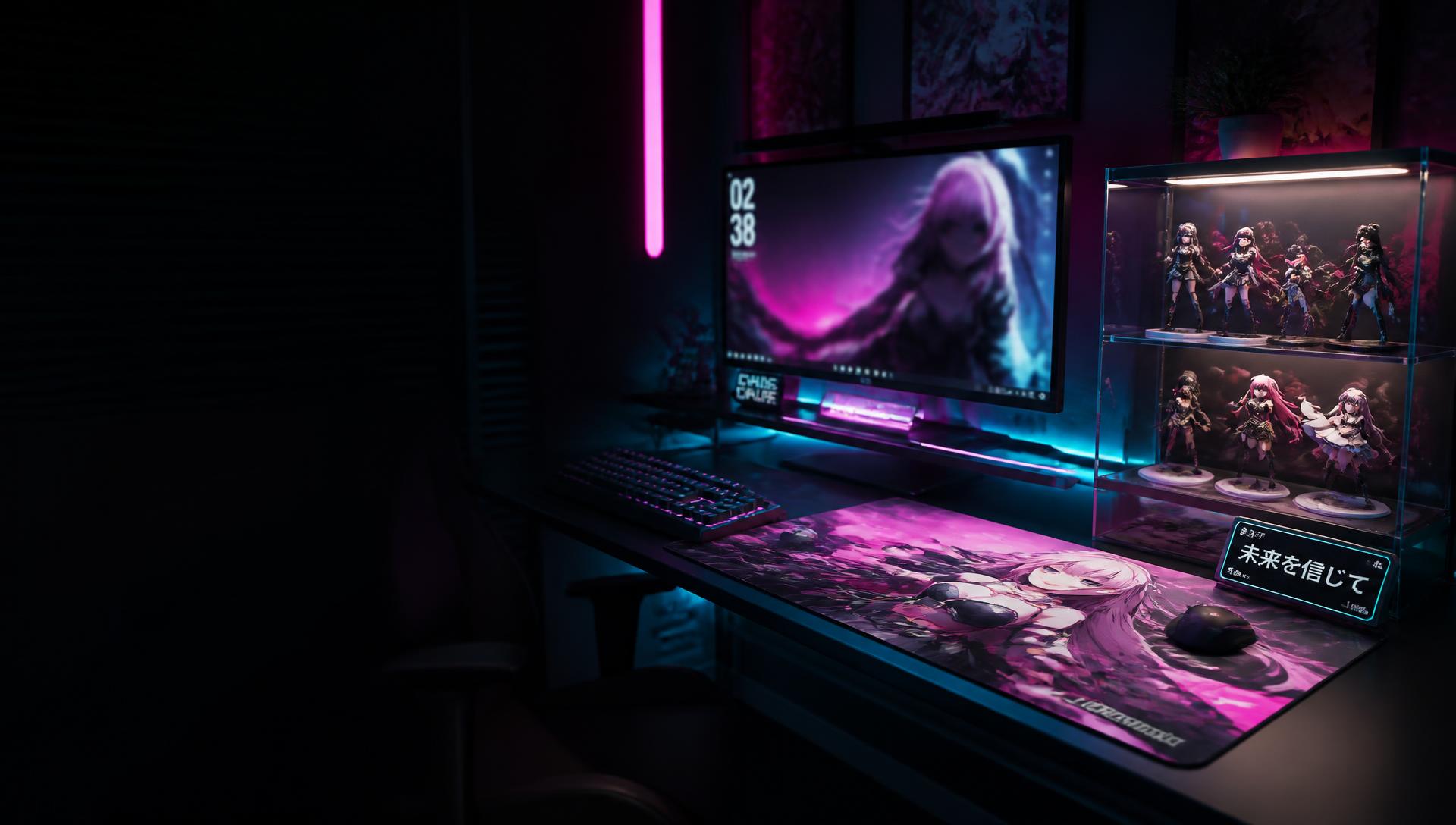 Anime gaming setup with an extended desk mat and an acrylic display case