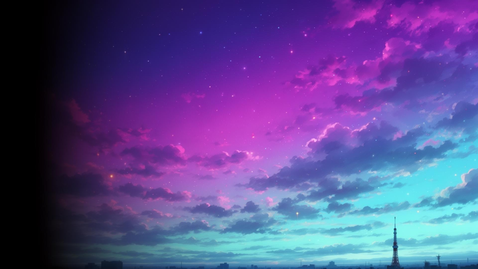 Neon anime dusk sky over a distant Tokyo skyline